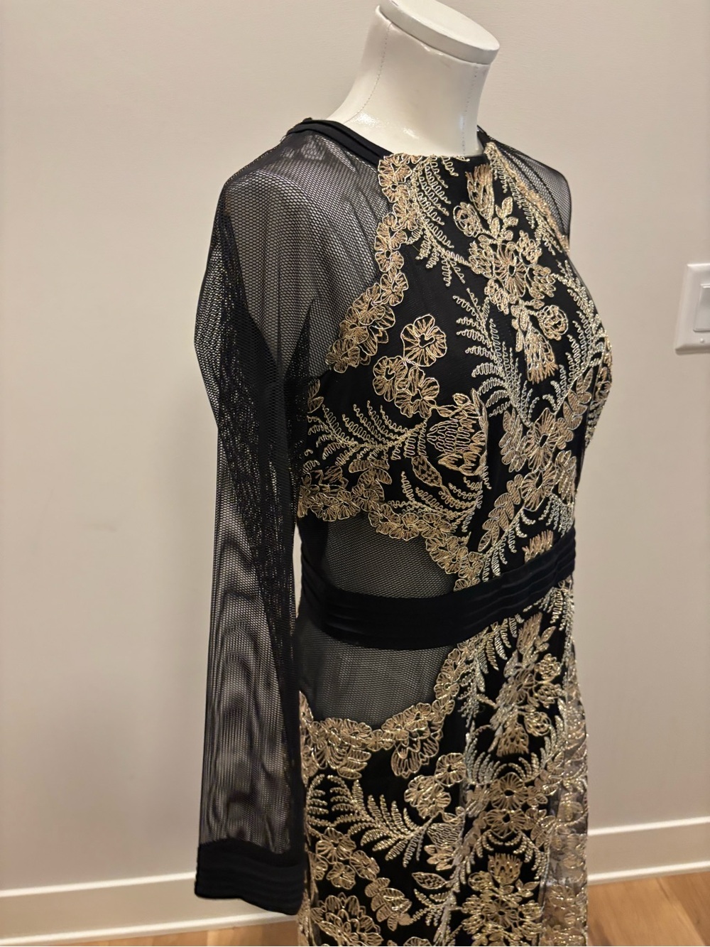 Tadashi Shoji Black & Gold Lace-Embroidered Sheer-Sleeve Gown - Picture 8 of 12